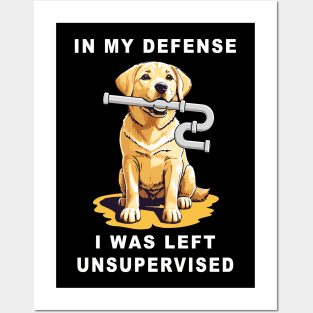 In my defence I was left unsupervised, yellow lab dog has ripped a U-pipe from under the sink funny graphic t-shirt. Posters and Art